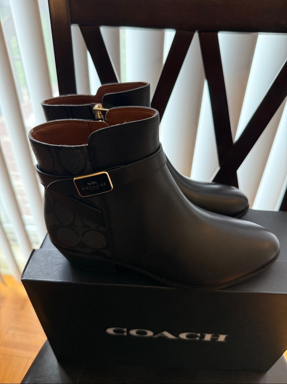 Coach Black Leather & Signature Canvas Ankle Boots
